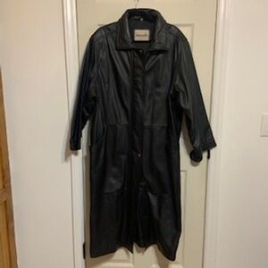 Whimsy Goth Donna Pelle Long Black Genuine Leather  lined Trench Coat 1x 90s Y2